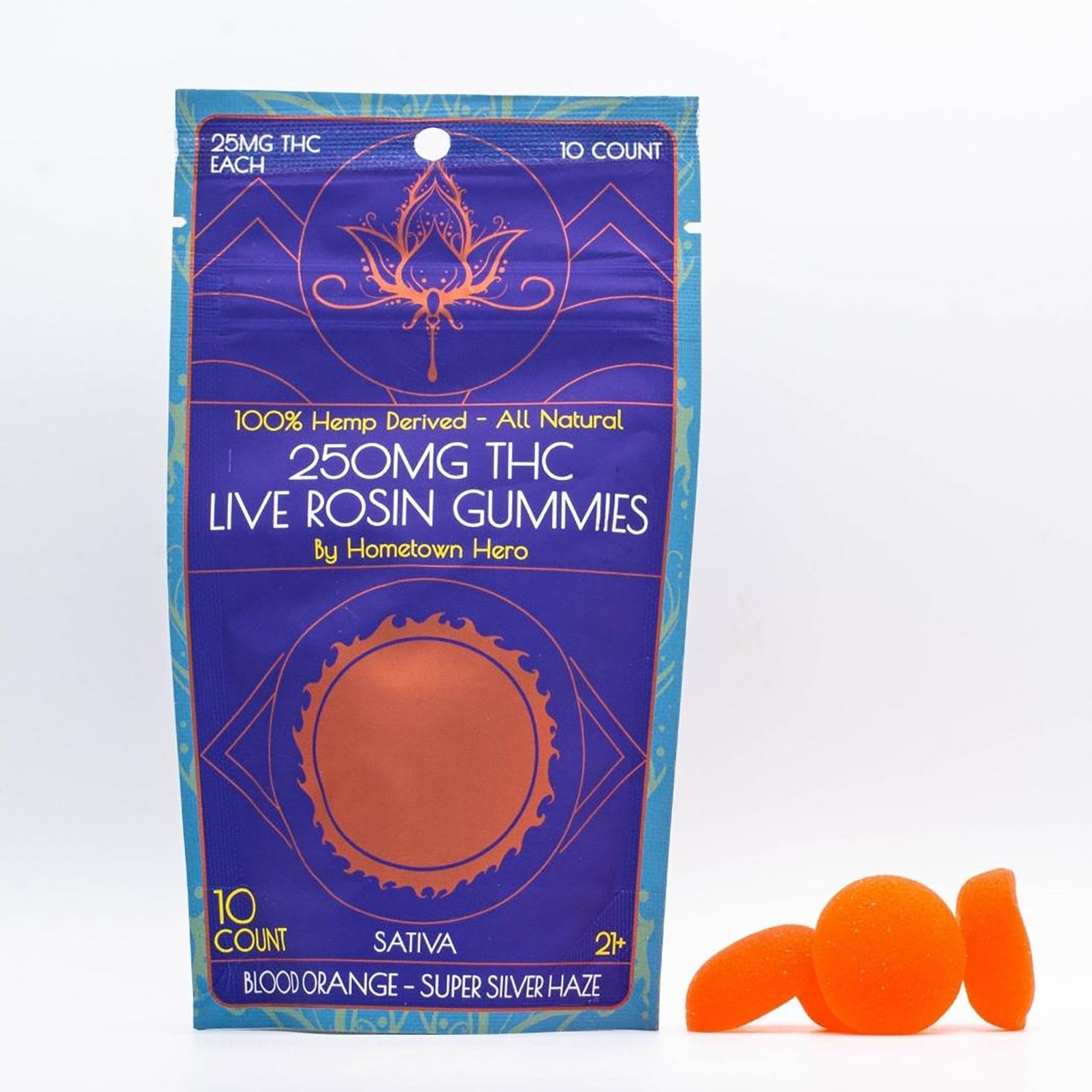Hometown Hero Delta 9 Sativa Gummies - Orange Live Rosin 250mg THC - Naturally Mignon CBD