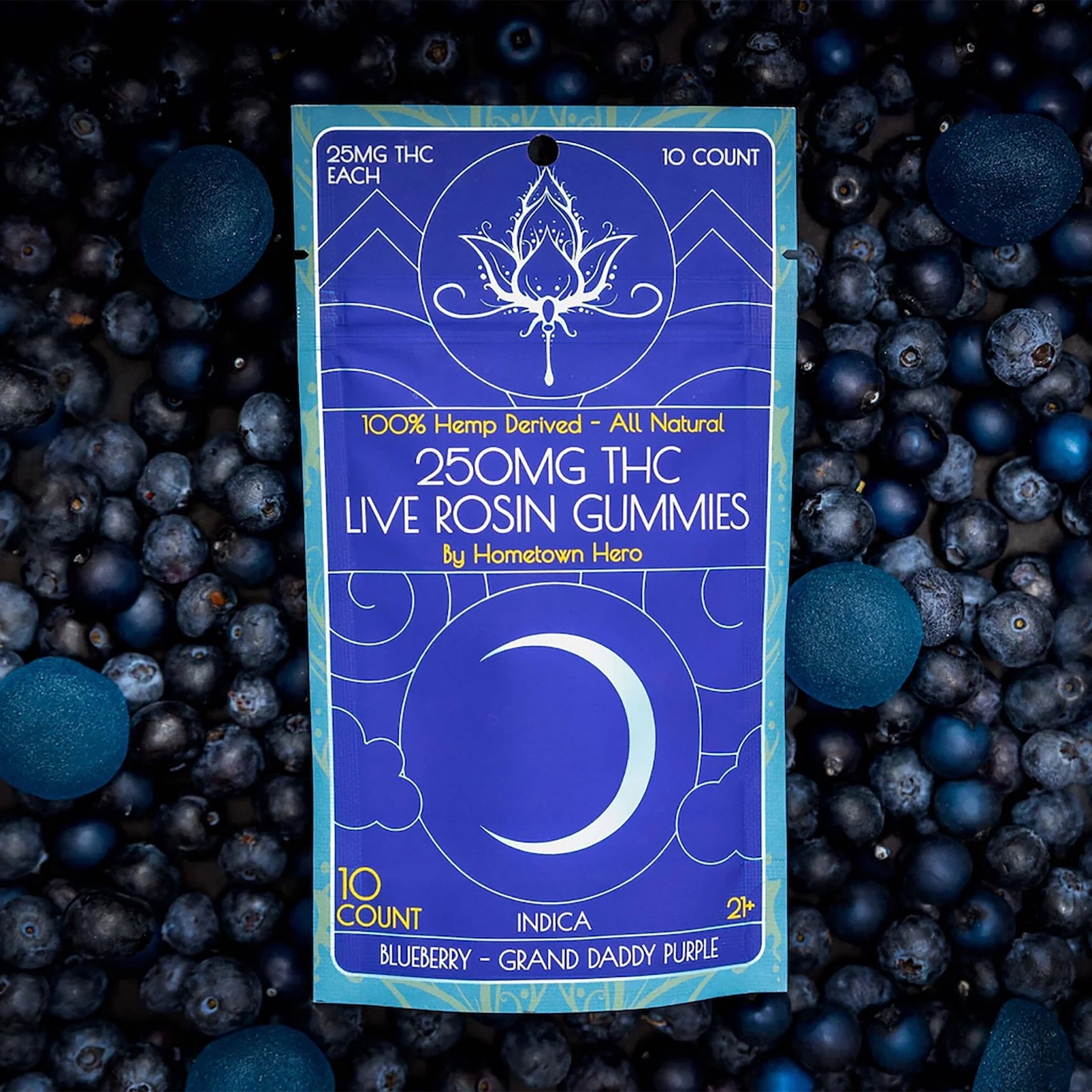 Hometown Hero Live Rosin Delta 9 Gummies Blueberry Indica 250mg THC - Naturally Mignon CBD