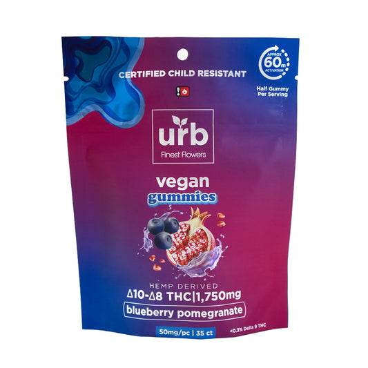 urb Delta 8 and Delta 10 Vegan Gummies blueberry pomegranante